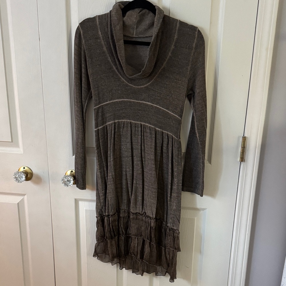 Taupe Cowl Neck Sweater Dress with Ruffle Hem